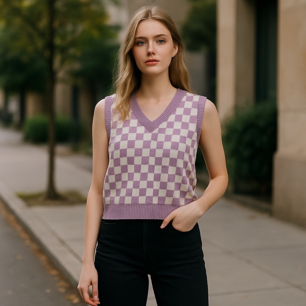 Love Tree Lavender & Cream Checkerboard V‑Neck Knit Tank *see small flaw*
